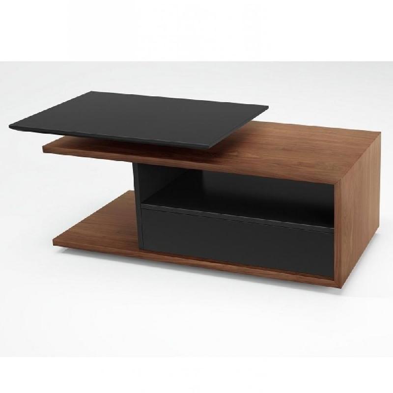 Table basse relevable ESSEN - Tiroir 110x65 cm en chêne noyer, intérieur laqué noir mat_0
