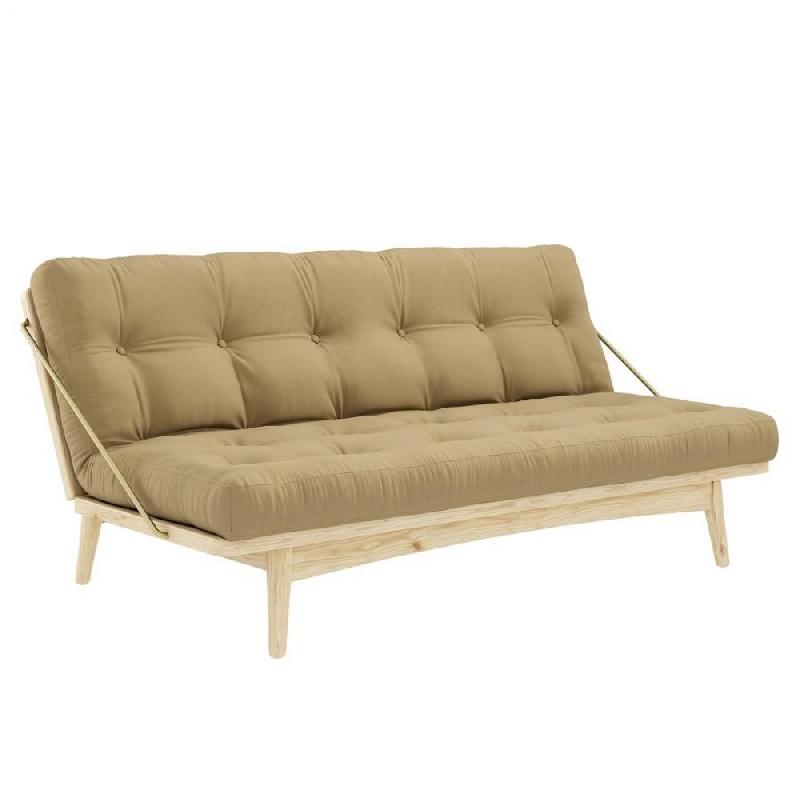 BANQUETTE FUTON FOLK EN PIN MASSIF COLORIS BEIGE BLÉ COUCHAGE 130 X 190 CM._0