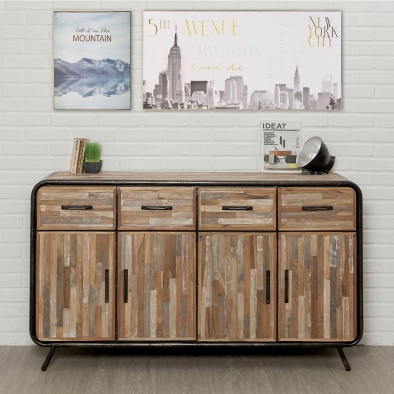 Buffet 4 portes en teck industriel recyclé - Fusion 140cm marron - Paris Prix_0
