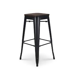 Kosmi Tabouret de bar en métal noir mat style industriel et assise en bois foncé - Hauteur 76 cm - 3760301690856_0