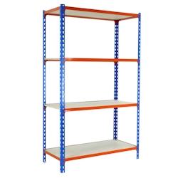 SimonRack Etagère métallique sans vis Maderclick 4 plateaux de 150 kgs par plateau couleur BLEU/ORANGE/BOIS 1500x900x400 mm (haut x largeur x profon_0