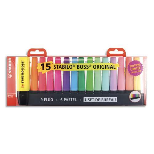 SURLIGNEURS STABILO BOSS ORIGINAL - POINTE BISEAUTEE - COLORIS ASSORTIS - COFFRET DE 15 + 1 DESKSET OFFERT