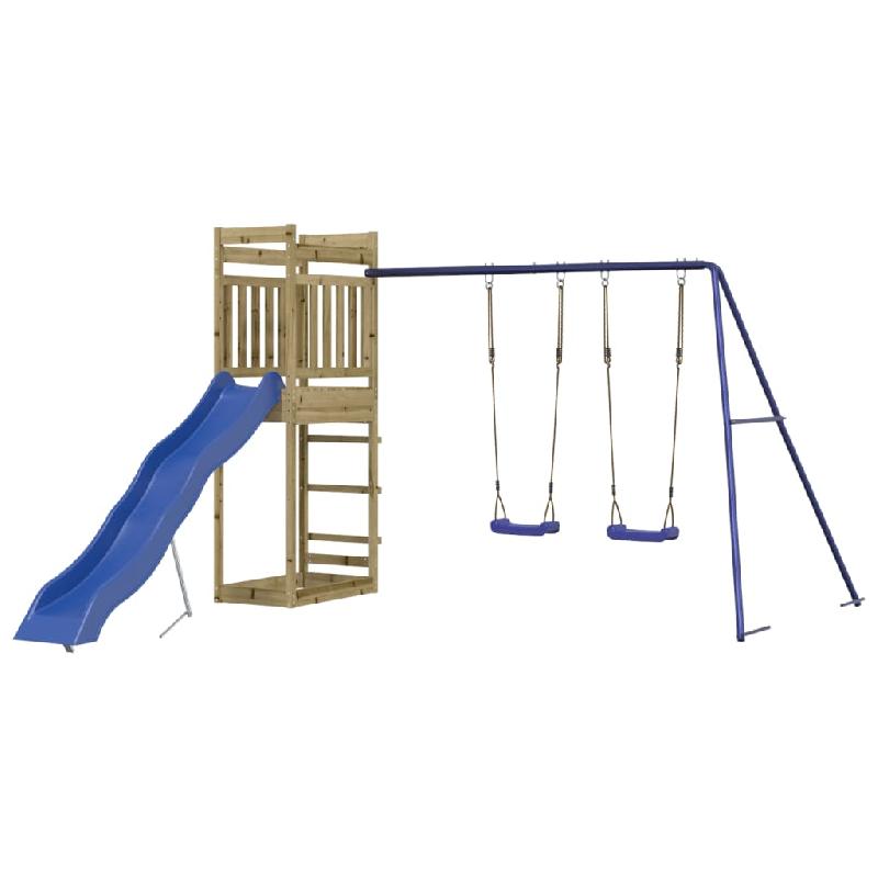 Aire de jeux d'extérieur en bois de pin imprégné - balançoires, toboggan ondulé, portiques robustes 314 x 349 x 207 cm - Réf : 02_0004747_0