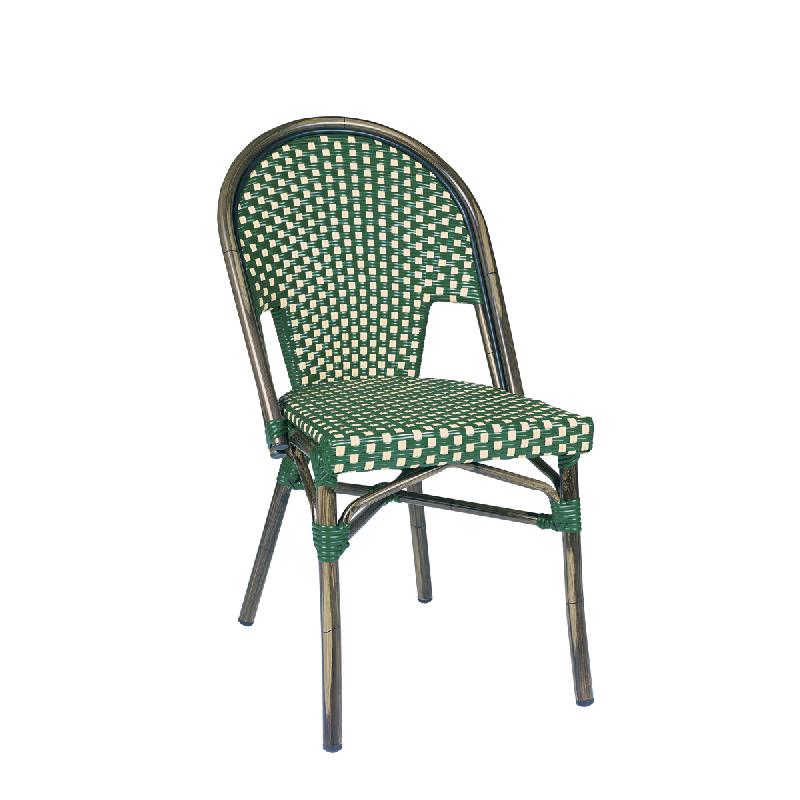 Chaise de terrasse TIVOLI - tressage vert et crème, structure aluminium couleur noyer, empilable_0