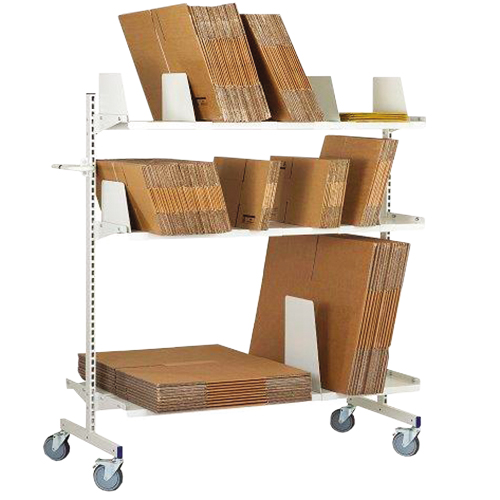 Desserte rangement carton - 3 tablettes 1350x300 mm - 10 séparateurs 200 mm - roulettes Ø125 mm_0