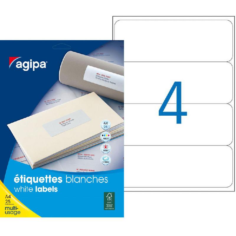 ÉTIQUETTES POUR DOS DE CLASSEUR AUTO-ADHESIVES AGIPA - MULTI-USAGE - 190 X 60 MM - BLANCHES - POCHETTE DE 100 UNITES