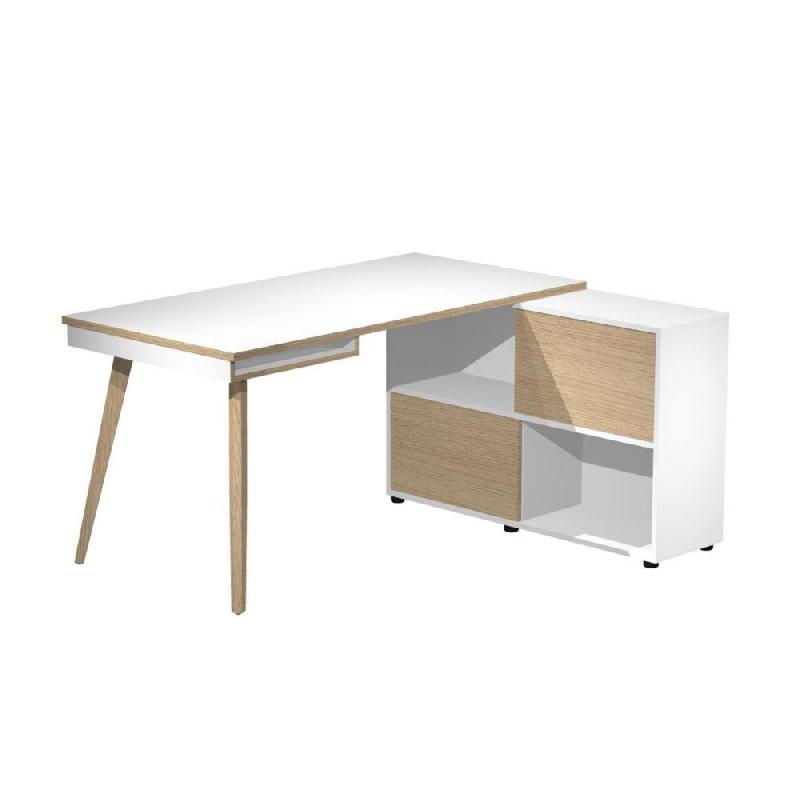 PACK HALDEN : 1 BUREAU DROIT BLANC PIEDS BOIS MASSIF CHENE + 1 MEUBLE DE RANGEMENT 4 CASES BLANC/CHENE L. 140 X P. 160 X H. 81,5 CM
