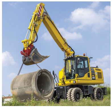 Pelle compacte sur pneus 18T - Volée variable équipé d'un moteur komatsu idéale pour les gros travaux routiers, aménagements de plateformes - disponible en location_0