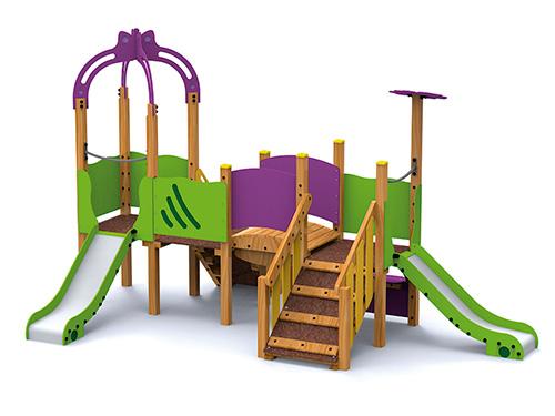 Structure parc potes 1 à 6 ans en bois lamellé-collé traité en autoclave classe IV avec toboggans et jeu téléphone_0