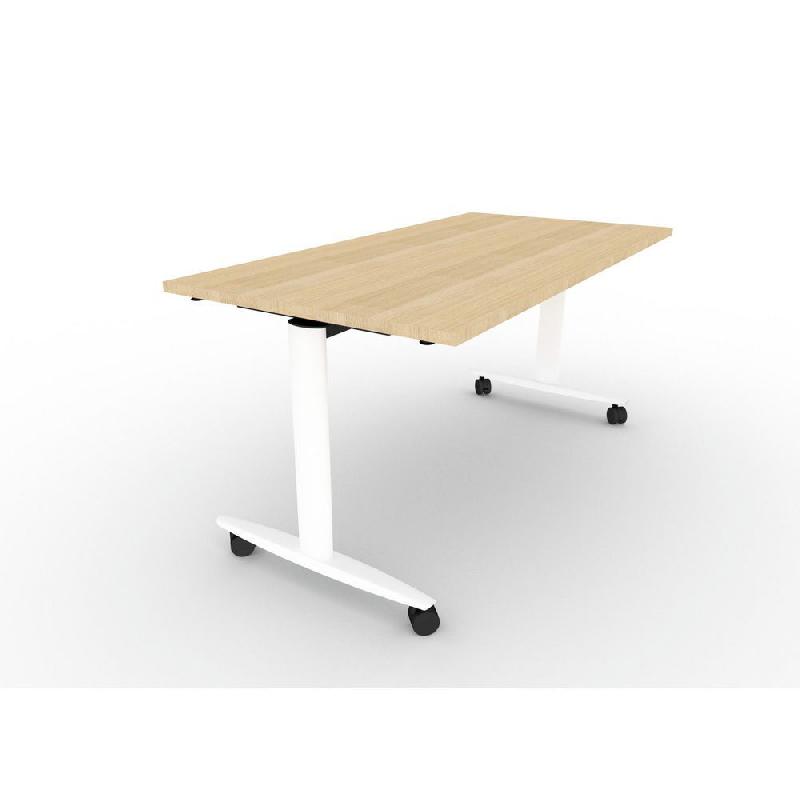 TABLE RABATTABLE PRATIC A ROULETTES - 160 X 80 - PLATEAU CHENE - PIETEMENT BLANC