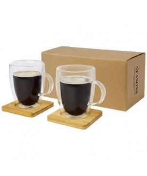 TASSE 2 PIÈCES MANTI DE 350 ML À DOUBLE PAROI EN VERRE AVEC SOUS-VERRE EN BAMBOU - NATUREL - GOBELETS ET MUGS PERSONNALISÉS