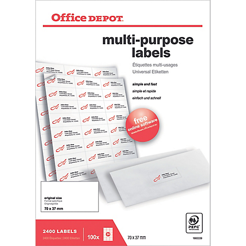 ÉTIQUETTES MULTIFONCTIONS OFFICE DEPOT COINS DROITS 70 X 37 MM BLANC 70 X 37 MM 100 FEUILLES DE 24 ÉTIQUETTES