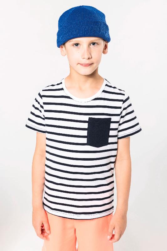 T-shirt rayé marin pour enfant - Poche contrastée - Manches courtes - Réf : K379 - Kariban_0