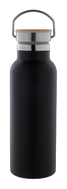 Thermos en inox à double paroi - Couvercle bambou et accroche métal - 500 ml - Couleur noire_0