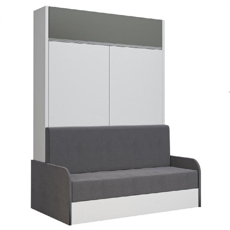 ARMOIRE LIT ESCAMOTABLE ALADYNO SOFA BLANC MAT BANDEAU GRIS CANAPÉ GRIS 140*200 CM_0