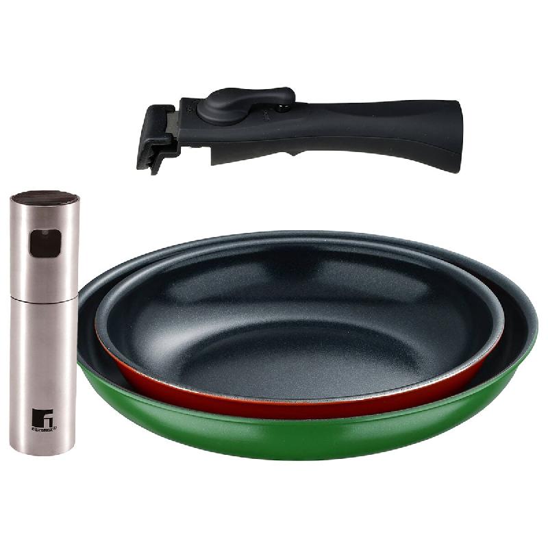 BERGNER - Jeu de 2 Poêles Ø22/26 cm en Aluminium Pressé avec Manche Amovible avec Vaporisateur d'Huile/Vinaigre Ø4x17,5cm en Acier Inoxydable - PK9646_0
