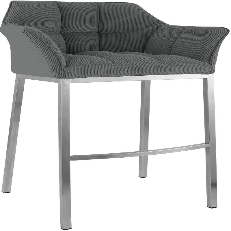 Décoshop26 - Tabouret de bar x1 assise enveloppante capitonnée en velours côtelé gris avec structure à 4 pieds en acier inoxydable 10_0006222 - g_0