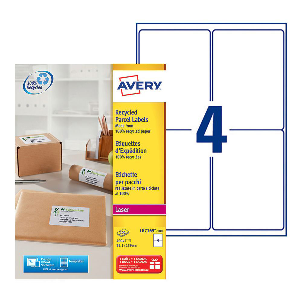 ETIQUETTES ADRESSE RECYCLEES AVERY LR7169 - IMPRESSION LASER - BLANC - 99,1 X 139 MM - BOÎTE DE 400
