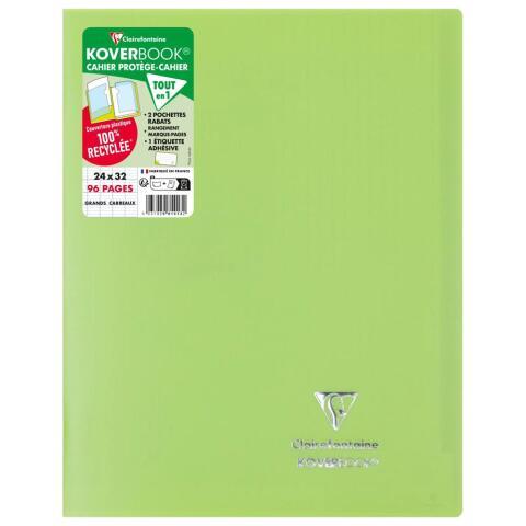 LOT DE 4 - CAHIER PIQUÉ KOVERBOOK 24X32 CM 96 PAGES GRANDS CARREAUX COUVERTURE POLYPROPYLÈNE OPAQUE 100% RECYCLÉ - VERT