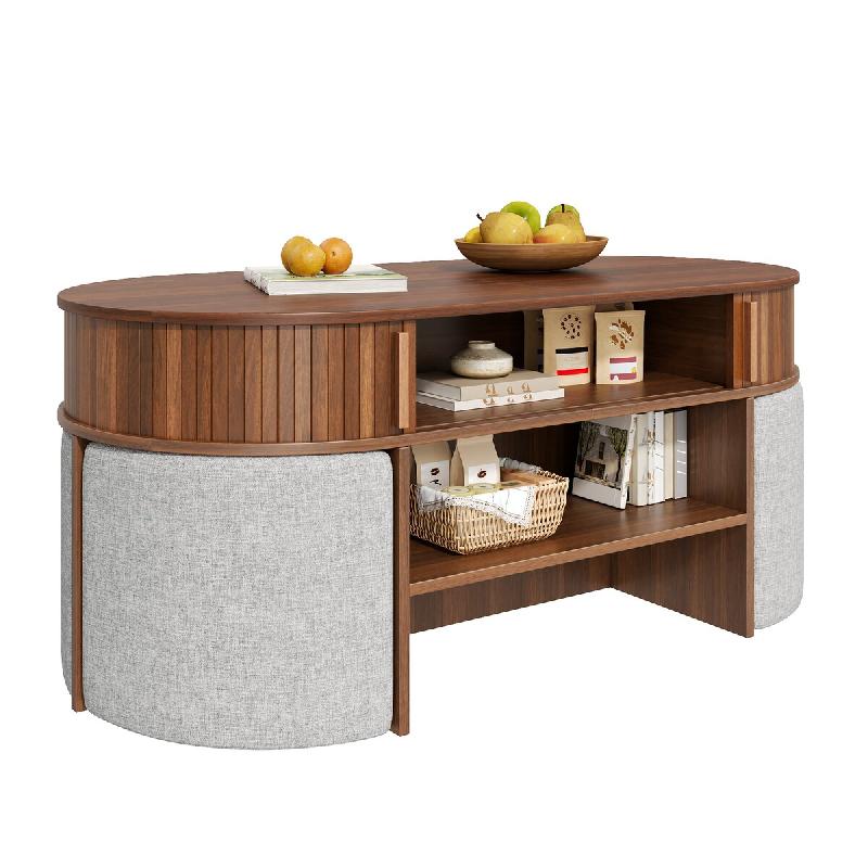 Merax Table basse ovale 120 x 60 x 51,5 cm avec tabourets en tissu, 2 portes coulissantes, compartiment ouvert et aspect rainure verticale, aspect - G_0