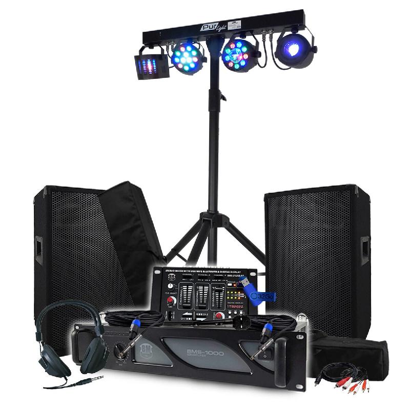 Pack Sono BM SONIC Amplificateur 1000W, Paire d'Enceintes 2x400W, Table de Mixage, Portique + 48 effets lumières EUPHORIA - 3666638038029_0