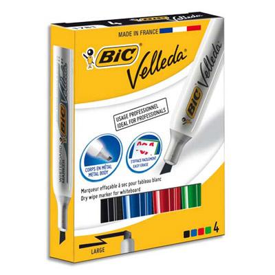 POCHETTE DE 4 BIC VELLEDA 1781 - MARQUEUR EFFAÇABLES A SEC - POINTE BISAUTEE - COLORIS ASSORTIS