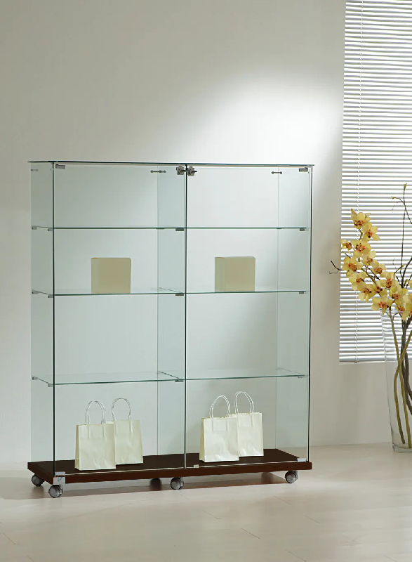 Vitrine en verre trempé avec portes battantes 12/14VA - finition wengé - 6 tablettes amovibles et serrure_0