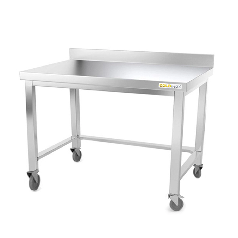 Table de travail en inox soubassement 1200 x 600 mm adossée avec renfort sur roulettes PREMIUM / GOLDINOX - inox 3701770800278_0