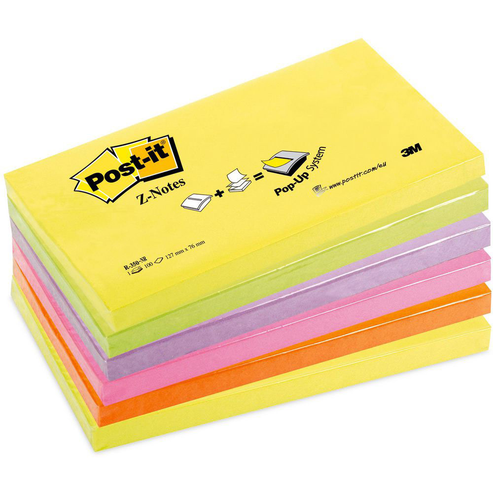 Z-NOTES POST-IT - 7,6 X 12,7 CM - COLORIS NEON ASSORTIS - BLOC 100 FEUILLES - LOT DE 6