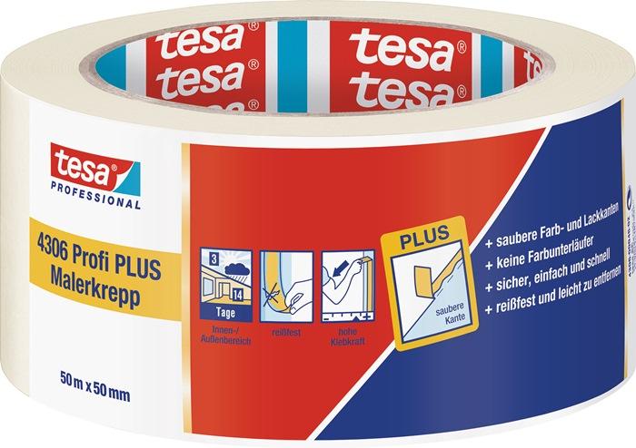 Bande de crêpon de peintre 4306 Profi PLUS légèrement crêpé beige clair longueur 50 m largeur 50 mm rouleau TESA_0