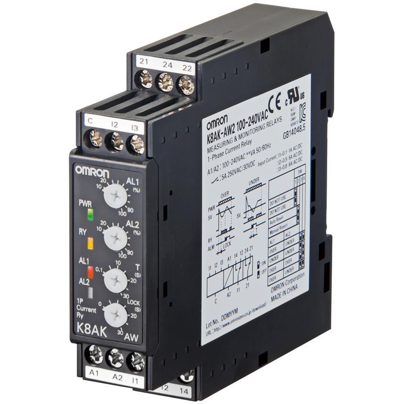 Relais de contrôle K8AK-AW1 100-240VAC - surintensité/sous-intensité monophasé - plage 2 à 500 mA_0