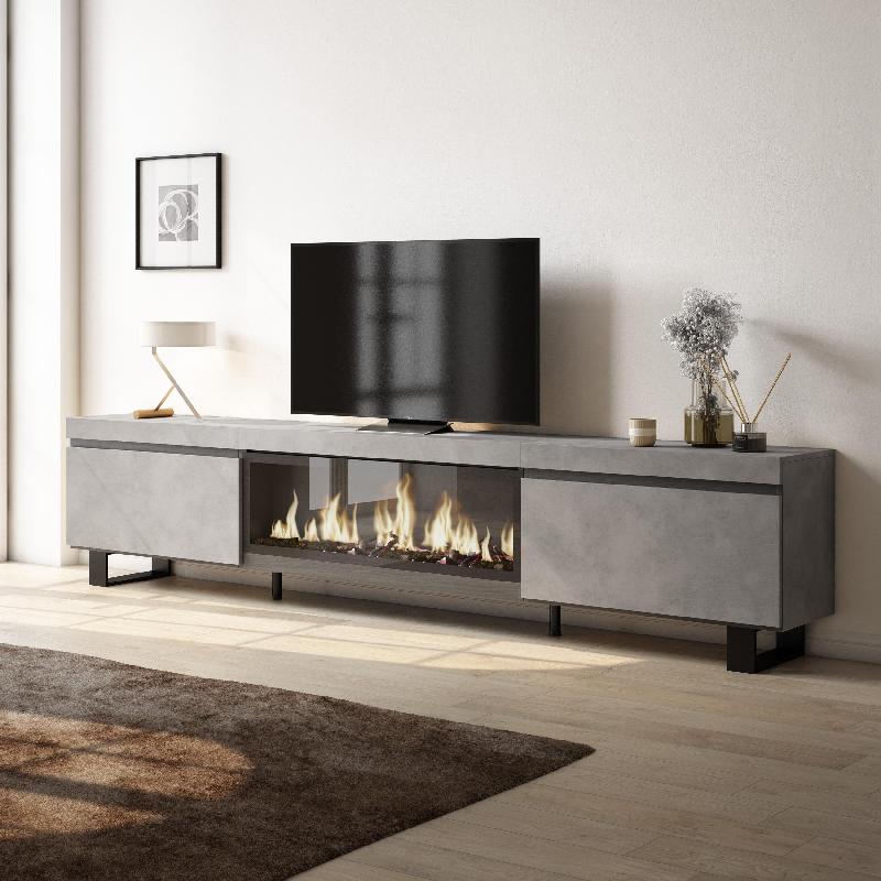 SKRAUT HOME - MEUBLE TV, BANC TÉLÉ, 267X57X35 CM, TV GRAND FORMAT, CHEMINÉE ÉLECTRIQUE XXL, DESIGN INDUSTRIEL, CIMENT