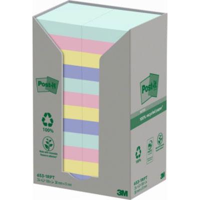 TOUR DE NOTES REPOSITIONNABLES POST-IT NATURE RECYCLES 48 X 48 MM COLORIS ASSORTIES - 24 BLOCS DE 100 FEUILLES
