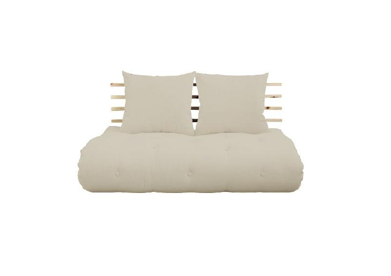 Canapé lit futon Shin Sano beige en pin massif - Couchage 140x200 cm avec matelas futon et coussins inclus_0
