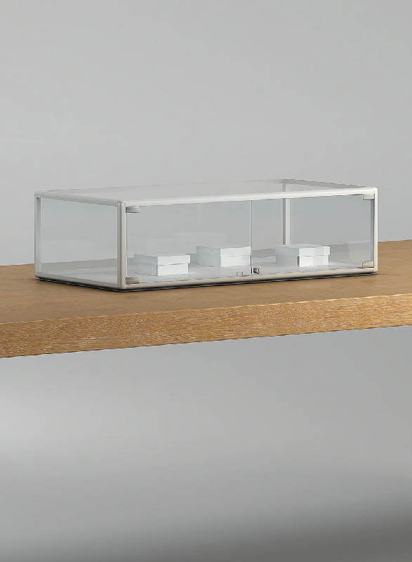 Vitrine plate rectangulaire 4-TPVA - dimensions 116x50x27 cm - verre trempé avec serrure - coloris blanc poli ou gris clair_0