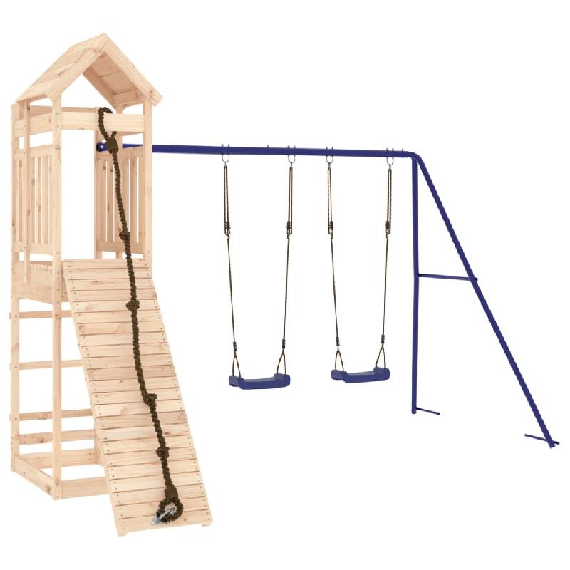 Aire de jeux d'extérieur en bois de pin massif - 319 x 259 x 238 cm - Mur d'escalade, double balançoire et bac à sable - 02_0005037_0