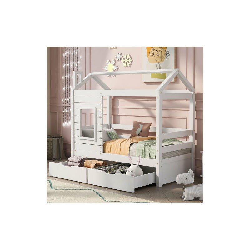 Lit Cabane Enfant Marli 80x160 Cm - Bois Massif Avec Toit Et 2 Tiroirs - Style Montessori - Blanc