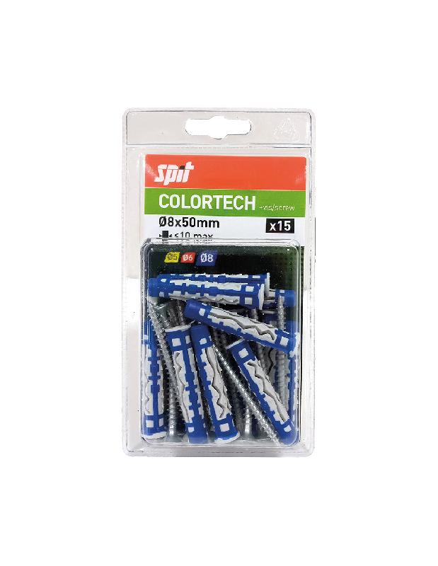BLISTER DE 15 CHEVILLES BI-MATIÈRE COLORTECH 8X50 AVEC VIS - SPIT - 569247