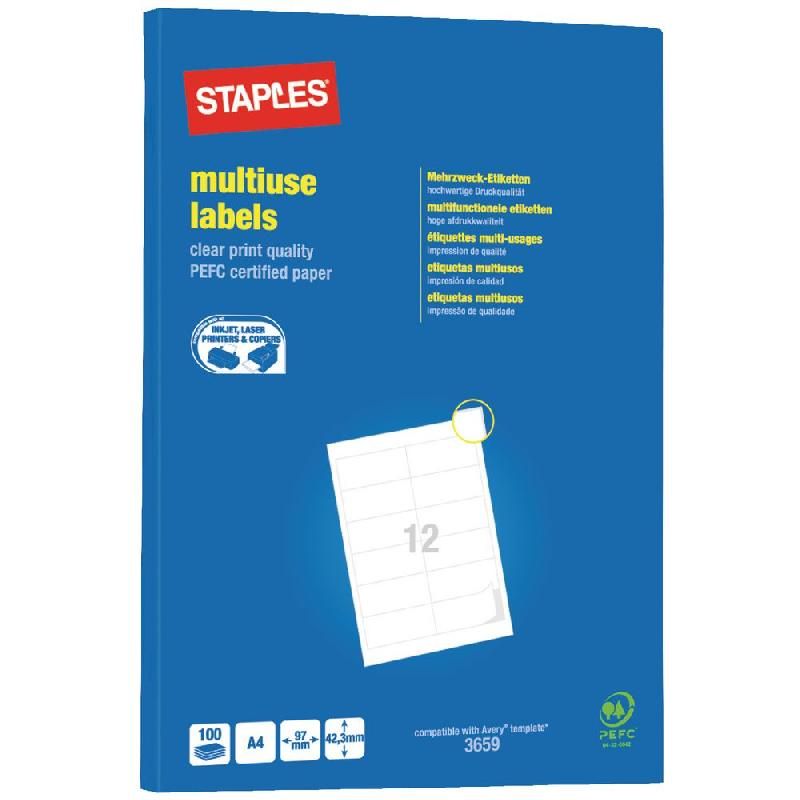 STAPLES ETIQUETTE MULTI-USAGES BLANCHE - 42,3 X 97 MM - BOÎTE DE 1200 ÉTIQUETTES