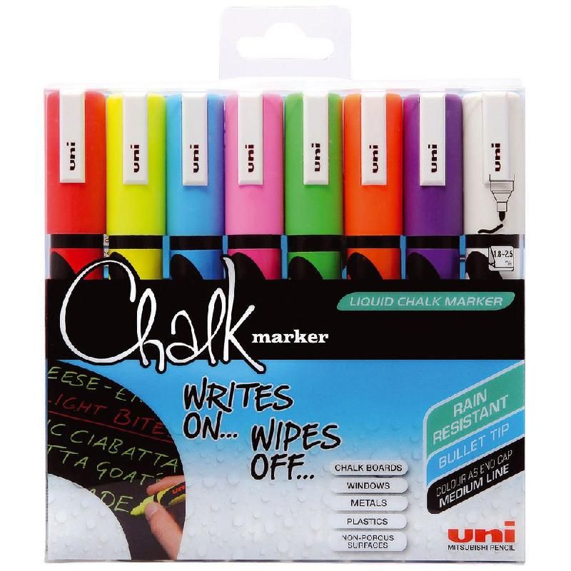 UNI-BALL CRAIE CHALK MARKER UNIBALL - PWE-5M -  POINTE CONIQUE - 1,8-2,5 MM - POCHETTE 8 CRAIES ASSORTIES