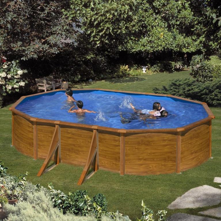 Piscine ovale acier 5,27m x 3,27m x h: 1,22m - imitation bois - filtration à cartouche - renfort apparents_0