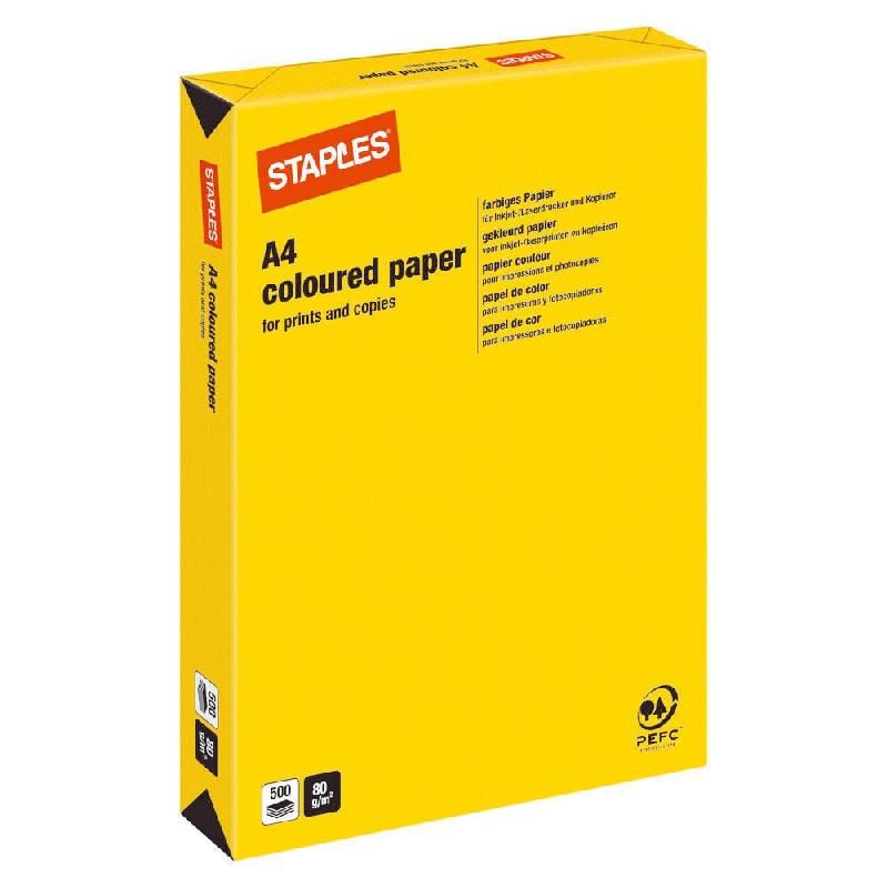 STAPLES RAMETTE 500 FEUILLES PAPIER COULEUR STAPLES - COLORIS VIF : JAUNE - A4 - 80 G/M2 (PRIX À L'UNITÉ)