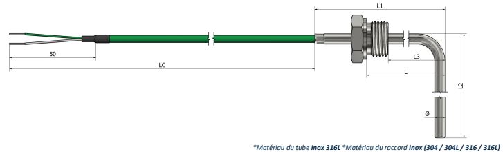 Thermocouple à visser - Raccord fixe à angle 90° (Type 2) - TR14 - Type K, N, J, T, E, R, S, B_0