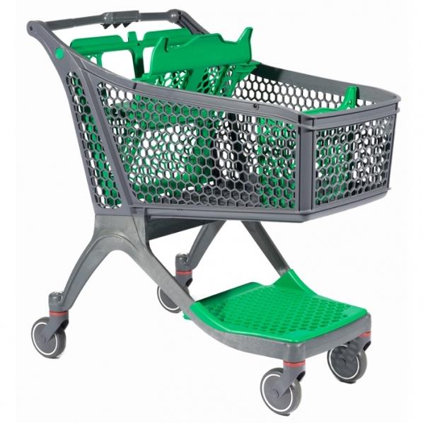 Chariot libre-service moyenne surface - Coloris gris/vert - Avec grille inférieure - Léger et 100% composite_0