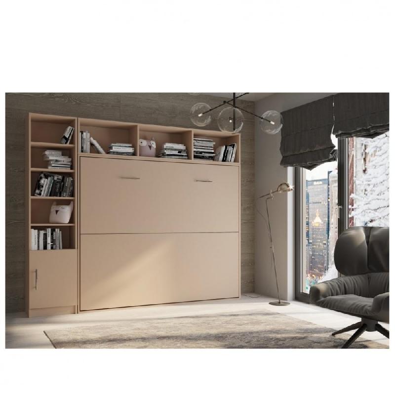 COMPOSITION ARMOIRE LIT HORIZONTALE STRADA-V2 TAUPE MAT COUCHAGE 160*200 AVEC SURMEUBLE ET 1 COLONNE BIBLIOTHÈQUE_0