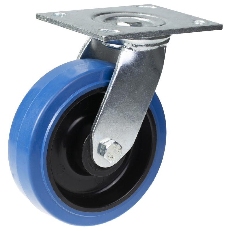 Roulette pivotante de 160 mm avec caoutchouc élastique bleu sur roue centrale en nylon_0
