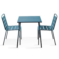 Oviala Business Ensemble table de terrasse carrée et 2 chaises acier bleu pacific - Oviala - 106877_0