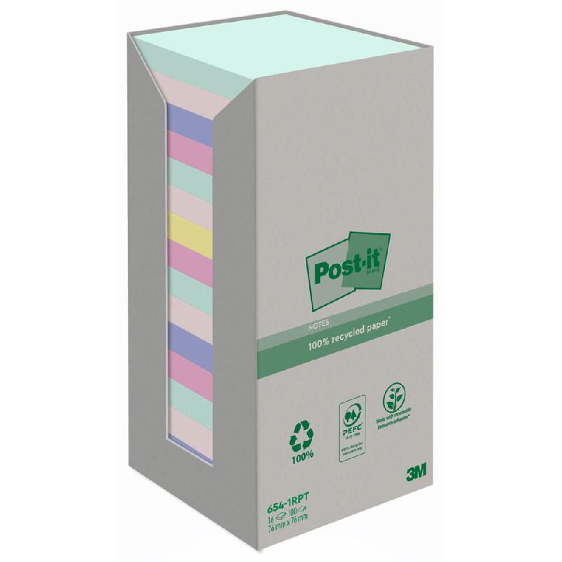 TOUR DE NOTES REPOSITIONNABLES POST-IT NATURE RECYCLES 76 X 76 MM COLORIS ASSORTIES - 16 BLOCS DE 100 FEUILLES