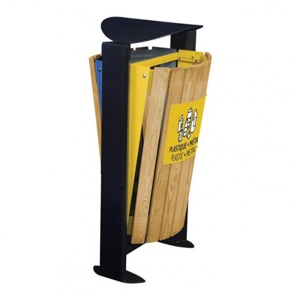 Corbeille en bois tri sélectif ARKEA - 2 compartiments - Bleu/jaune - Marque Rossignol_0