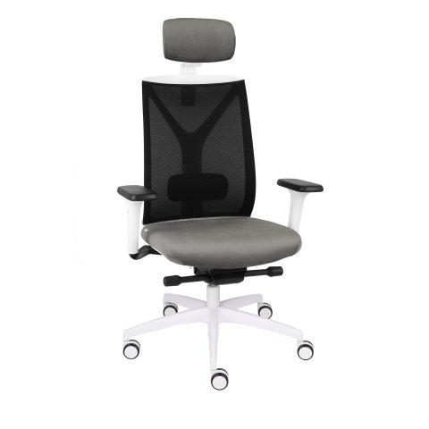 FAUTEUIL DE BUREAU ERGONOMIQUE VALIO, TISSU ET MAILLE, AVEC ACCOUDOIRS 4D ET APPUI-TÊTE, MÉCANISME SYNCHRONE, PIEDS BLANCS - GRIS